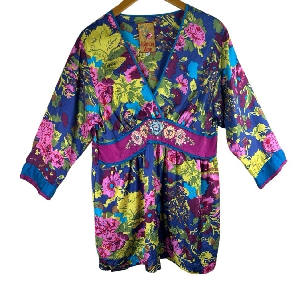 Johnny Was Embroidered Silk Tunic Dress Blue Pink Floral Size Large - Picture 2 of 13